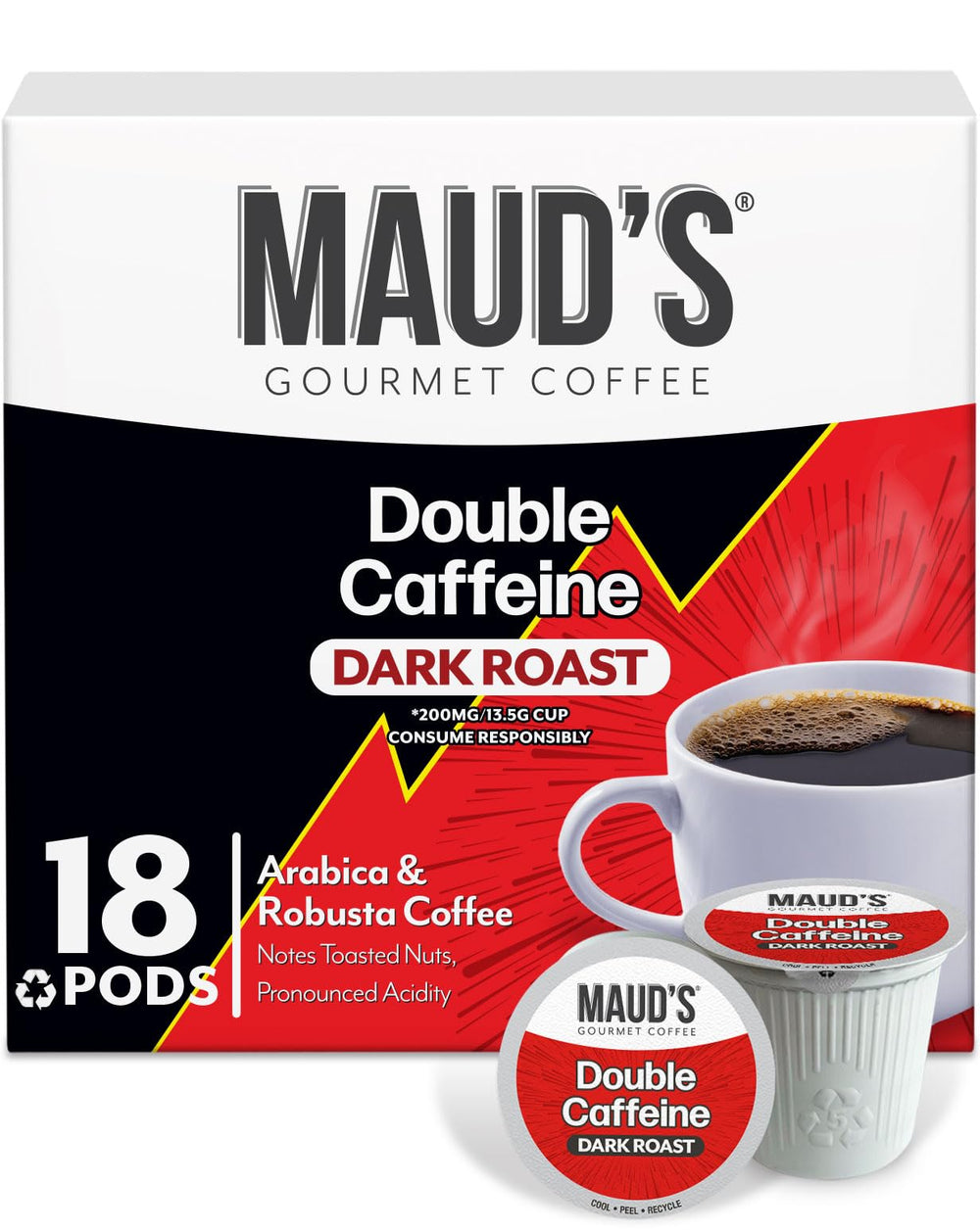 Maud's Double Caffeine coffee pods 18ct pack with bold aroma for a quick morning boost.