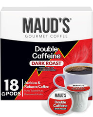 Maud's Double Caffeine coffee pods 18ct pack with bold aroma for a quick morning boost.