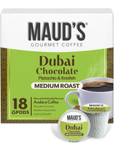 Maud's Dubai Chocolate coffee pods box front view with eco-friendly packaging.