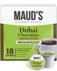 Maud's Dubai Chocolate coffee pods box front view with eco-friendly packaging.