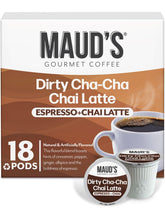 Maud's Espresso Chai Pods box front showcases premium blend for cafe-quality at home.