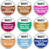 Maud's flavored coffee pods variety pack, nine flavors for home brewing.