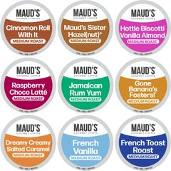 Maud's flavored coffee pods variety pack, nine flavors for home brewing.