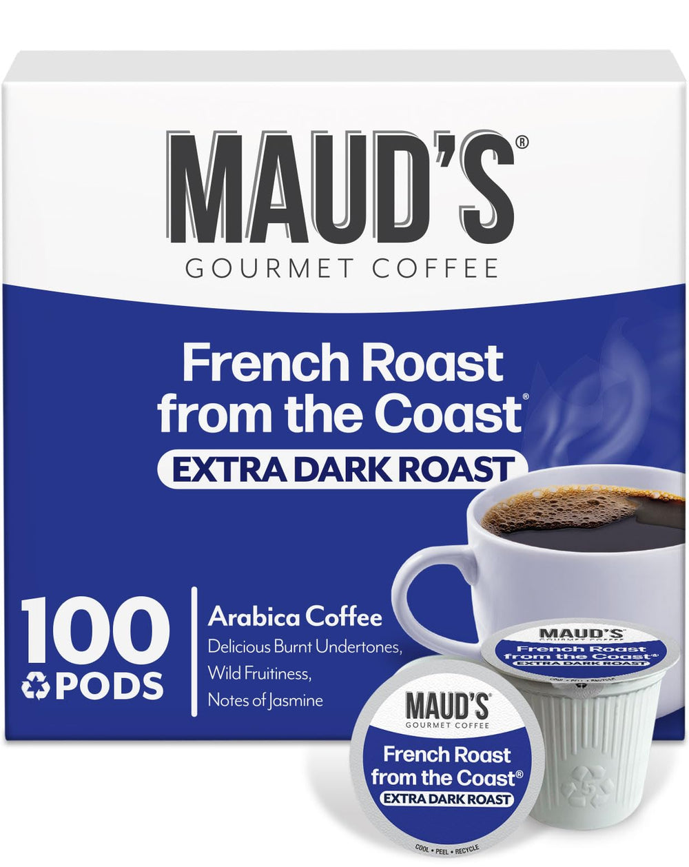 Maud's French Roast pods box front view for bold mornings.