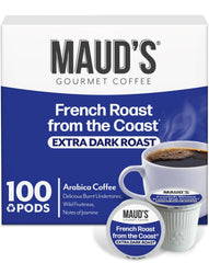 Maud's French Roast pods box front view for bold mornings.