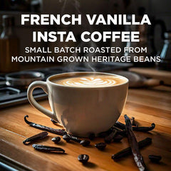 Maud's French Vanilla instant coffee cup steaming with rich aroma and flavor