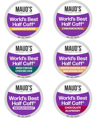 Maud's Half Caff six-flavors pack on a kitchen counter, ready for balanced mornings.