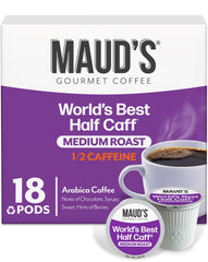 Maud's Half Caff Pods 18ct box showcases convenient home brewing.