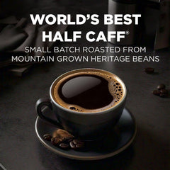 Maud's Half Caff Pods close-up highlights smooth flavor and portability.
