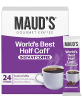 Maud's Half Caffeine Instant Coffee packaging for quick, convenient mornings.
