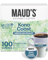 Maud's Kona Coffee Pods 100ct box ready for home brewing, offering convenient single-serve convenience.