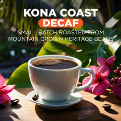 Maud's Kona decaf coffee pods brewing in a Keurig-style machine.