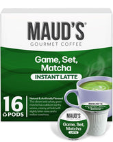 Maud's Matcha Latte Pod packaging closeup highlighting premium, sustainably sourced ingredients.
