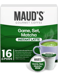 Maud's Matcha Latte Pod packaging closeup highlighting premium, sustainably sourced ingredients.