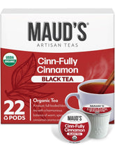 Maud's Organic Cinnamon Black Tea Pods packshot highlighting recyclable single-serve design.