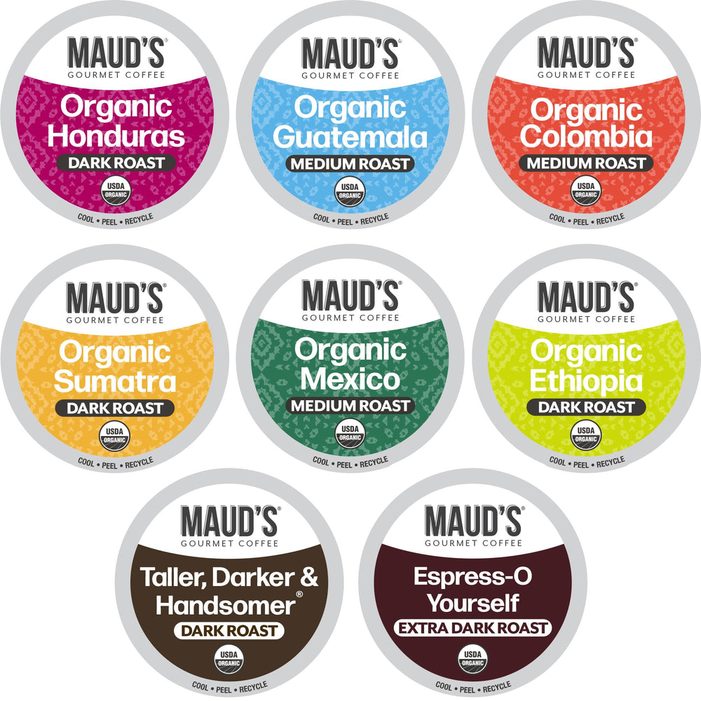 MAUD'S Organic Coffee Pods Variety Pack, eight flavors, versatile morning ritual.