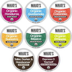 MAUD'S Organic Coffee Pods Variety Pack, eight flavors, versatile morning ritual.