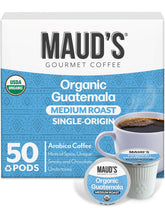 Maud's Organic Guatemalan Coffee Pods pack shot emphasizing convenience.