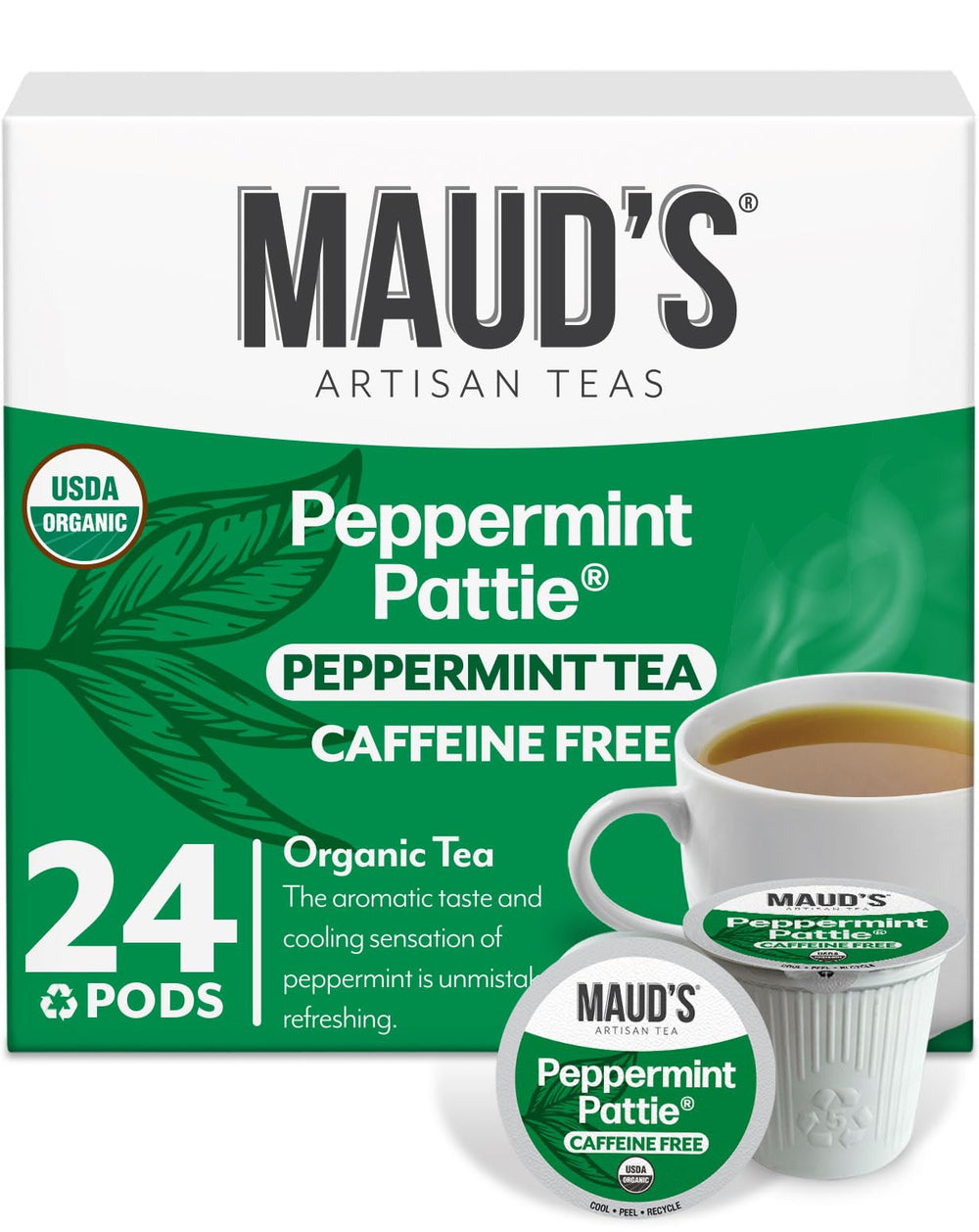 Maud's Organic Peppermint Tea Pods packaging on display, convenient single-serve brewing
