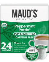 Maud's Organic Peppermint Tea Pods packaging on display, convenient single-serve brewing