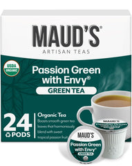 Maud's Passion Green Tea Pods 24-pack ready for home brews.