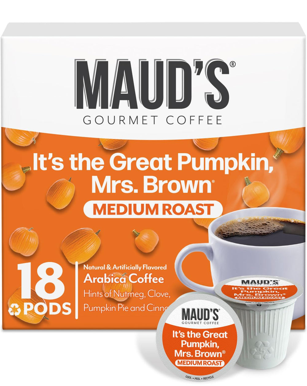 Maud's Pumpkin Spice pods packaging highlights flavor and sustainability.
