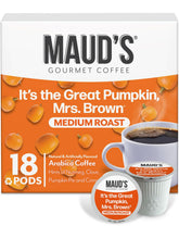 Maud's Pumpkin Spice pods packaging highlights flavor and sustainability.