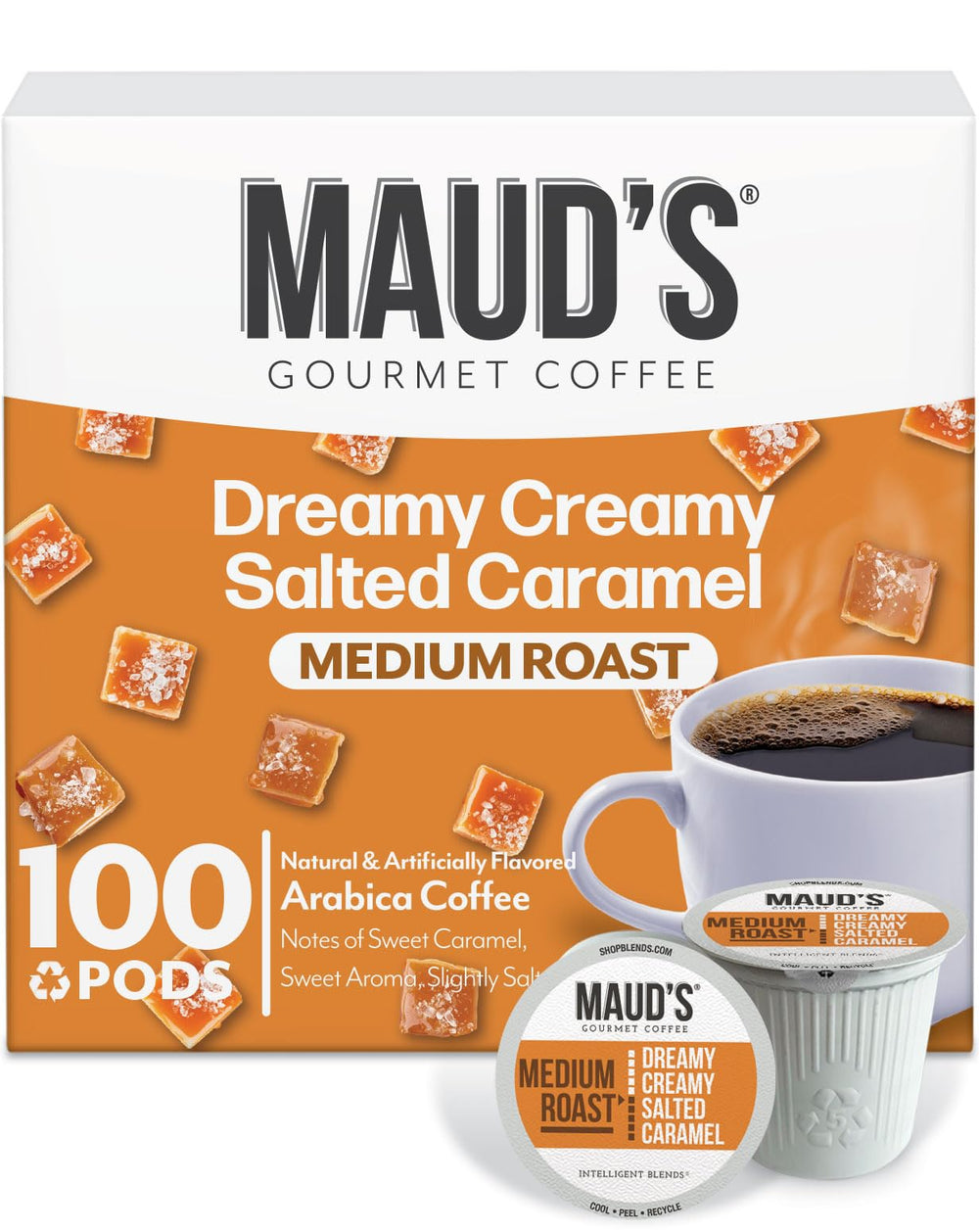 Maud's Salted Caramel pods pack offers rich aroma and convenient single-serve mornings.