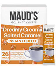 Maud's Salted Caramel instant coffee package front view for a quick morning pick-me-up