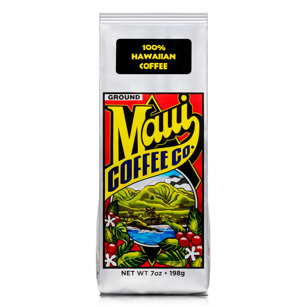 Maui Coffee Co. ground bag showing 100% Hawaiian beans for a bright cup