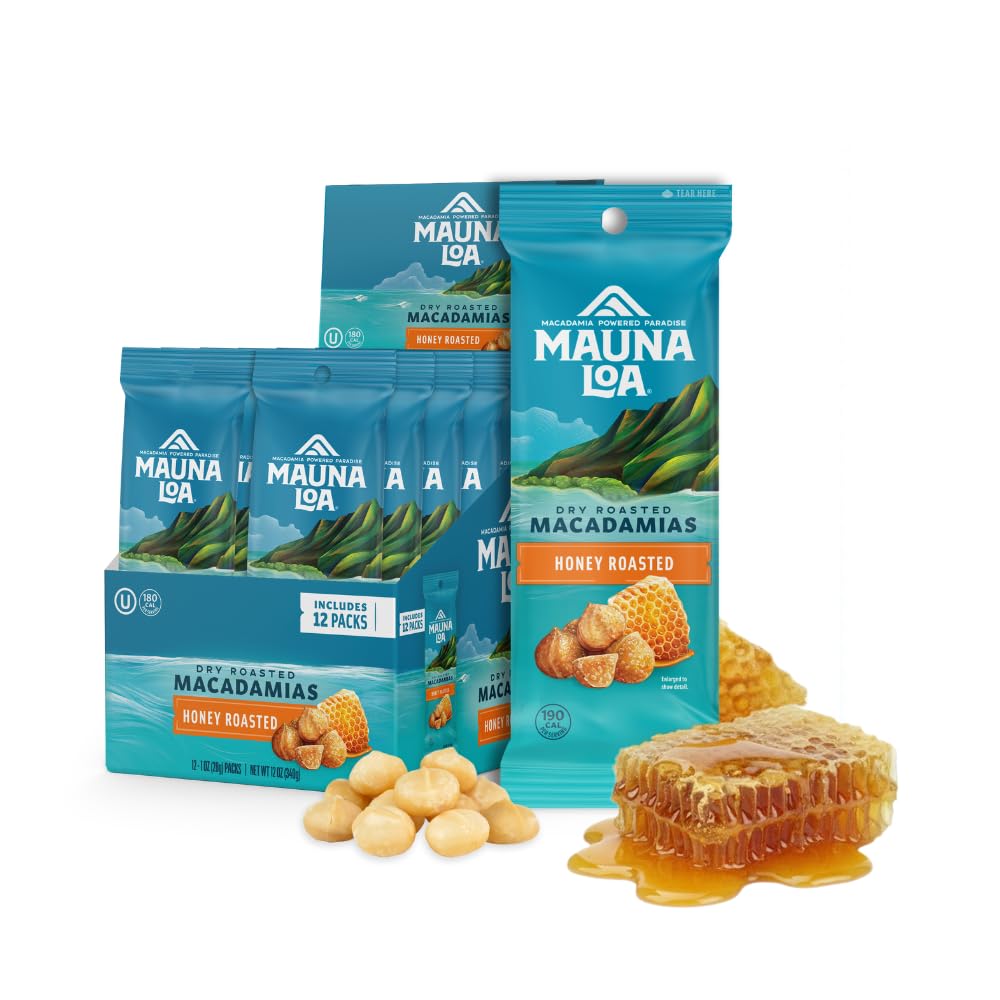 Mauna Loa Honey Roasted Macadamias in single-serve pouches for on-the-go snacking.