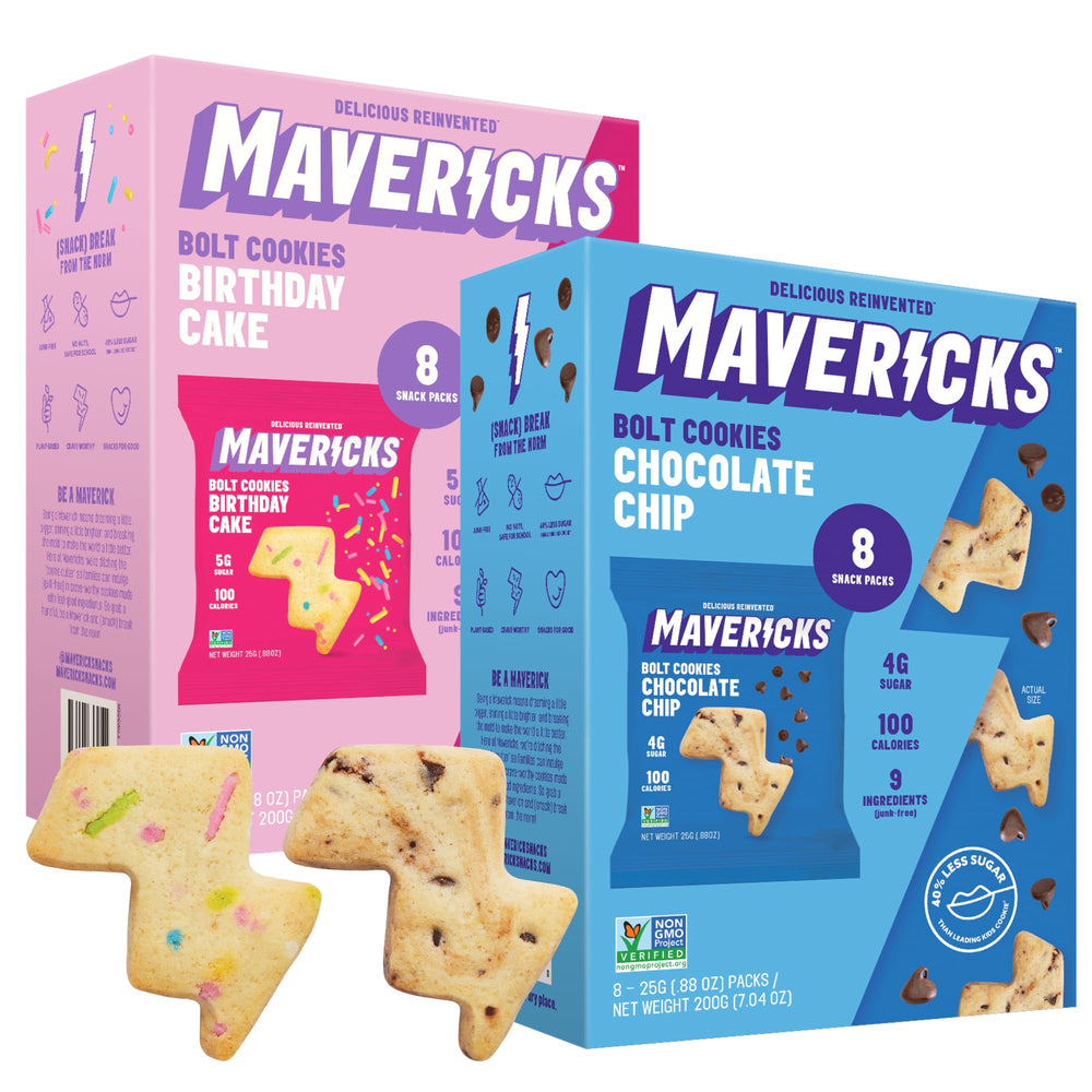 MAVERICKS Bolt Cookies variety pack packshot, ideal for healthy family snacks.