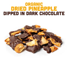 Mavuno Harvest vegan, non-GMO chocolate-dipped pineapple piece ideal for on-the-go snacking.