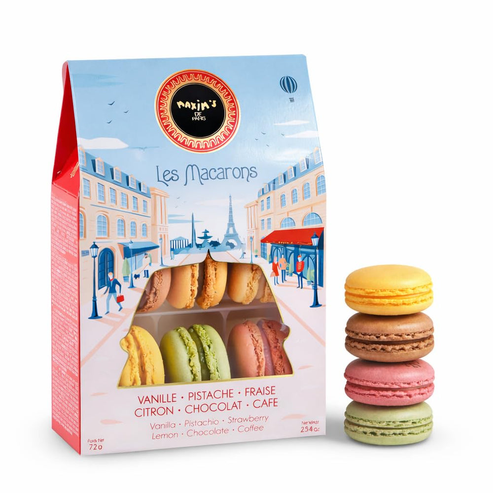 Maxim's de Paris macarons gift box, elegant presentation ideal for gifting occasions.