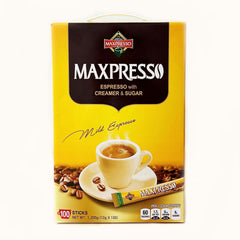 Maxpresso 3 in 1 instant coffee stick packaging, ideal for quick pantry-ready coffee