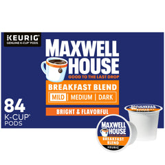 Maxwell House Breakfast Blend box on a kitchen counter ready for mornings.