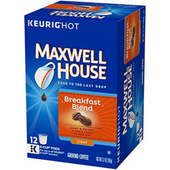 MAXWELL HOUSE Breakfast Blend cup with steam, smooth light roast for mornings.