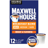 MAXWELL HOUSE Breakfast Blend Light Roast box highlights a balanced morning brew.