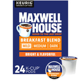 Maxwell House Breakfast Blend light roast K-Cup pods with bright morning aroma.