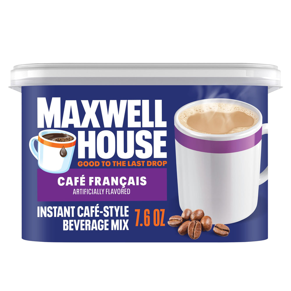 Maxwell House Cafe Francais instant beverage canister front view highlights quick cafe-style coffee