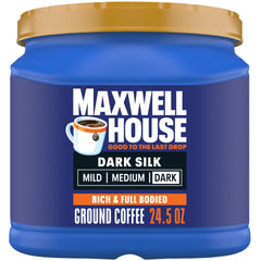 MAXWELL HOUSE Dark Silk canister front showcases premium dark roast aroma for a bold start.
