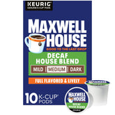 Maxwell House Decaf House Blend K-Cup pods in a 10-count box for convenient brewing