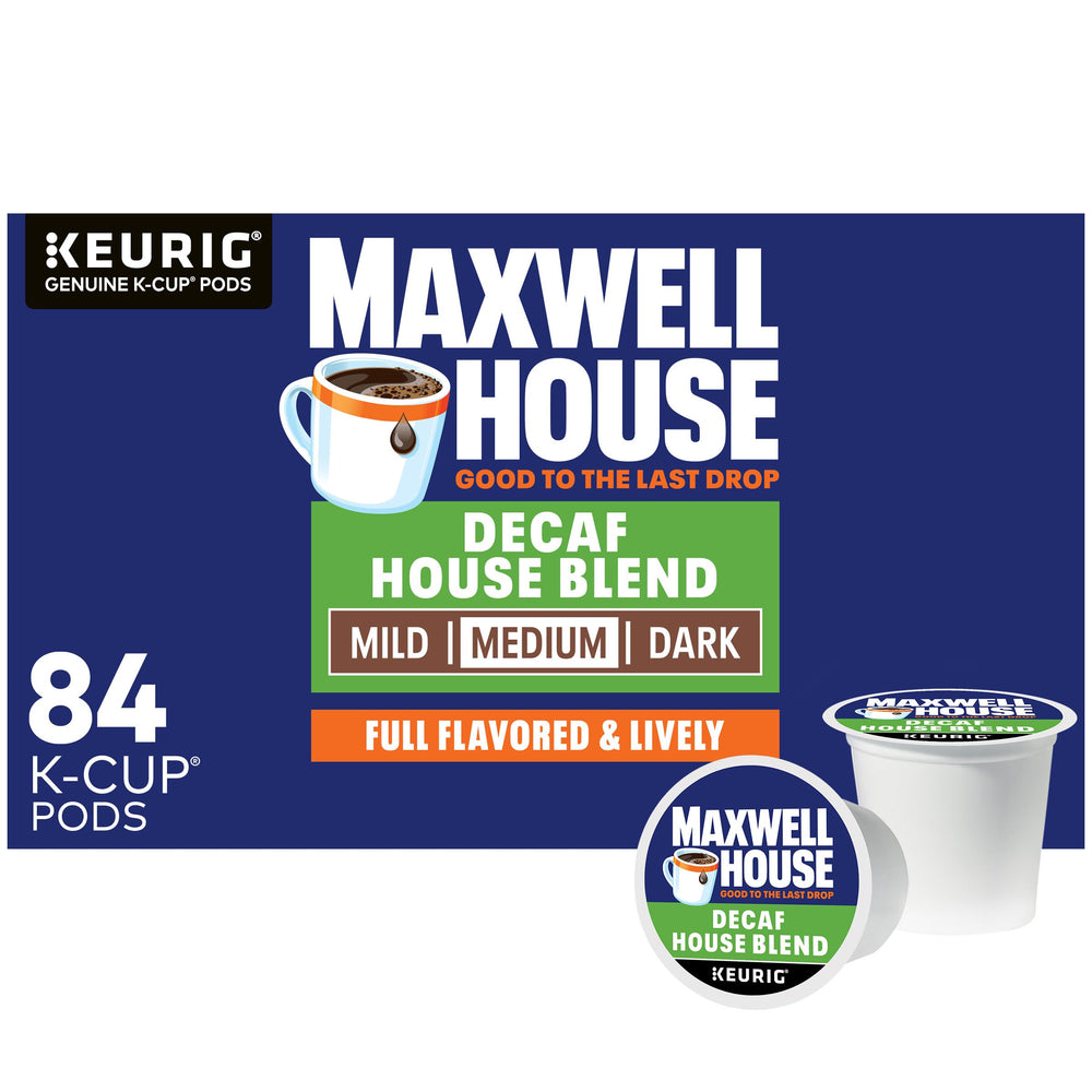 Maxwell House Decaf House Blend K-Cup pods in a box for convenient home brewing