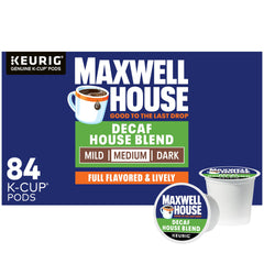 Maxwell House Decaf House Blend K-Cup pods in a box for convenient home brewing