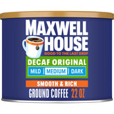 Maxwell House Decaf Original Medium Roast canister with resealable lid for lasting freshness.