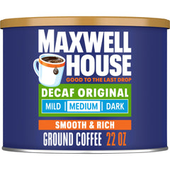 Maxwell House Decaf Original Medium Roast canister with resealable lid for lasting freshness.