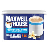 MAXWELL HOUSE French Vanilla instant coffee canister ready to brew at home.