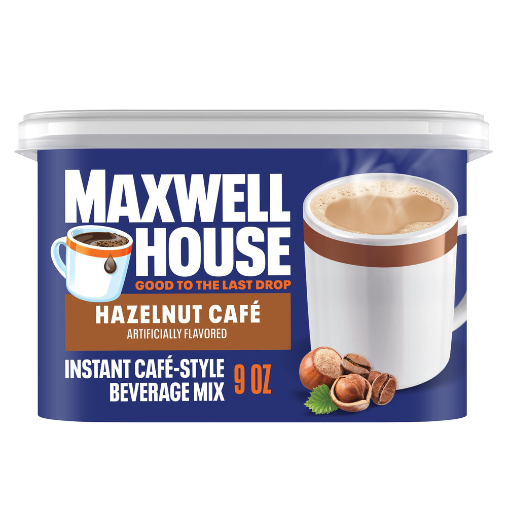 MAXWELL HOUSE Hazelnut Cafe Instant canister on shelf for quick mornings.