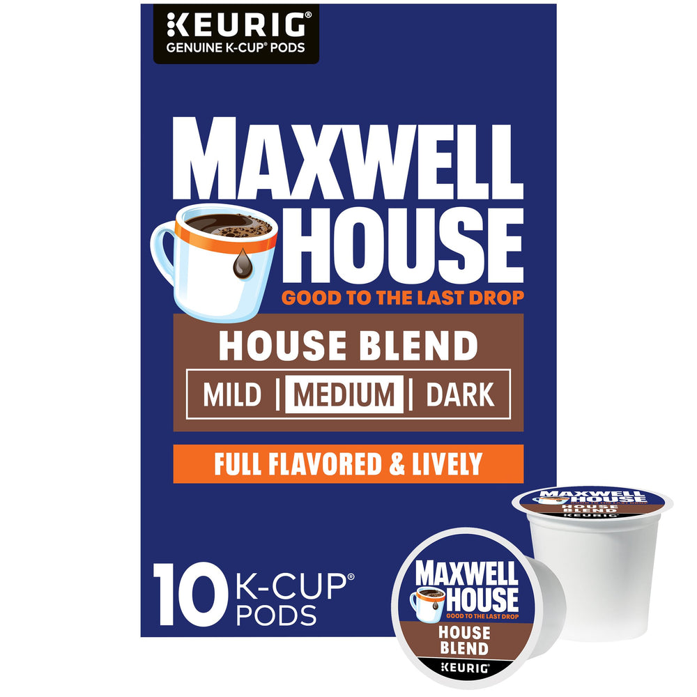 Maxwell House House Blend K-Cup box front for quick, reliable mornings.