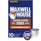 Maxwell House House Blend K-Cup box front for quick, reliable mornings.